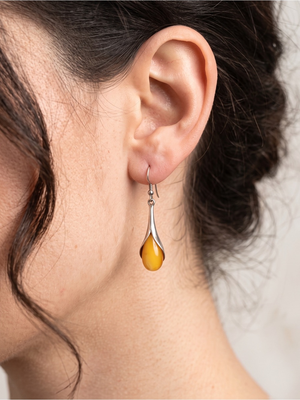 Sterling Teardrop Amber Dangle Earrings in Honey Yellow